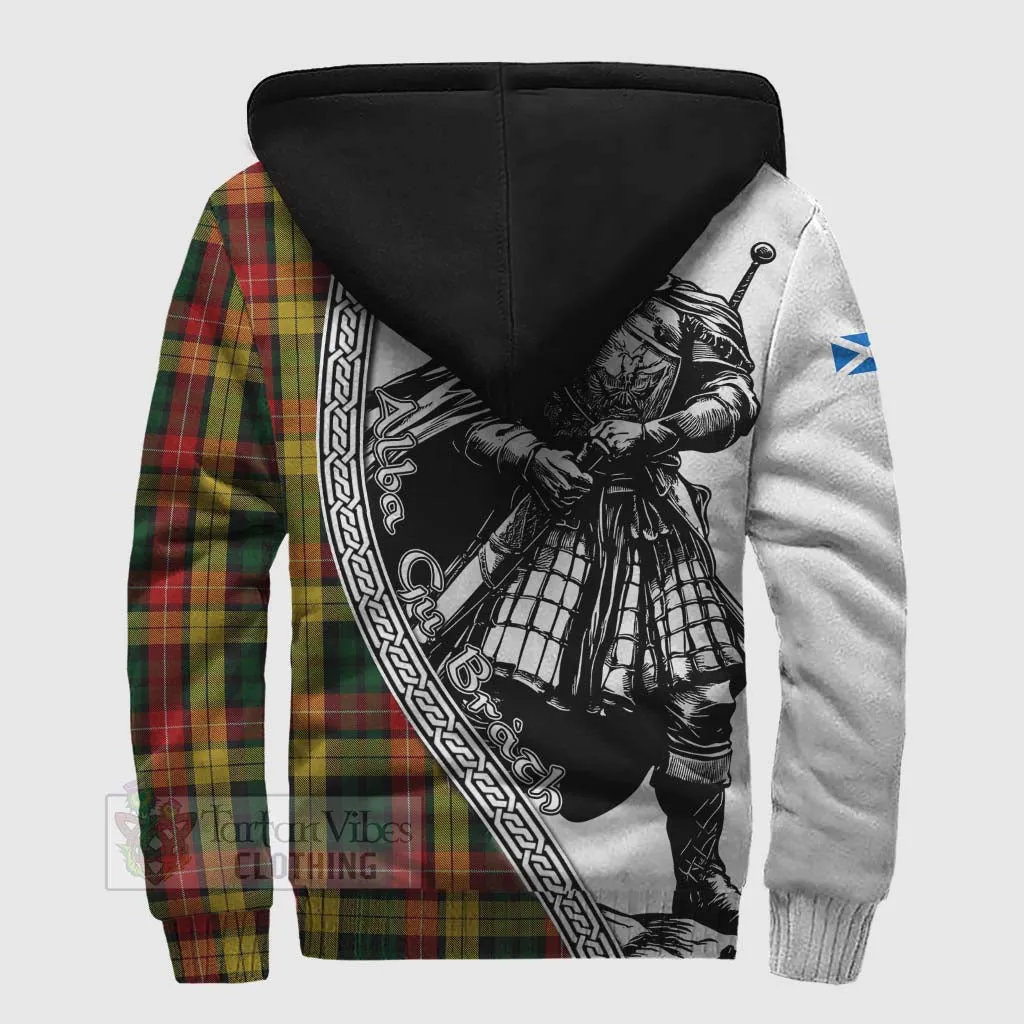 Buchanan Tartan Clan Crest Sherpa Hoodie with Highlander Warrior Celtic Style