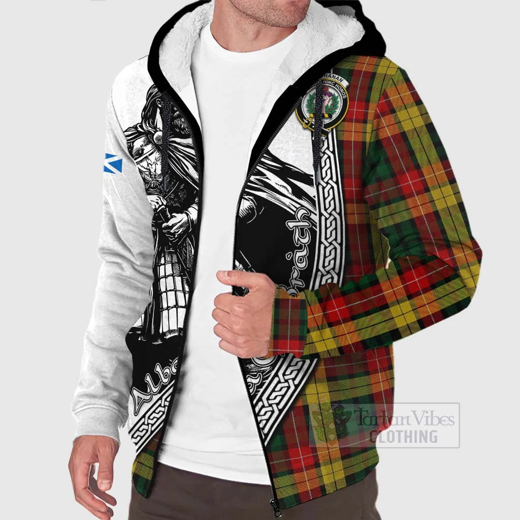 Buchanan Tartan Clan Crest Sherpa Hoodie with Highlander Warrior Celtic Style