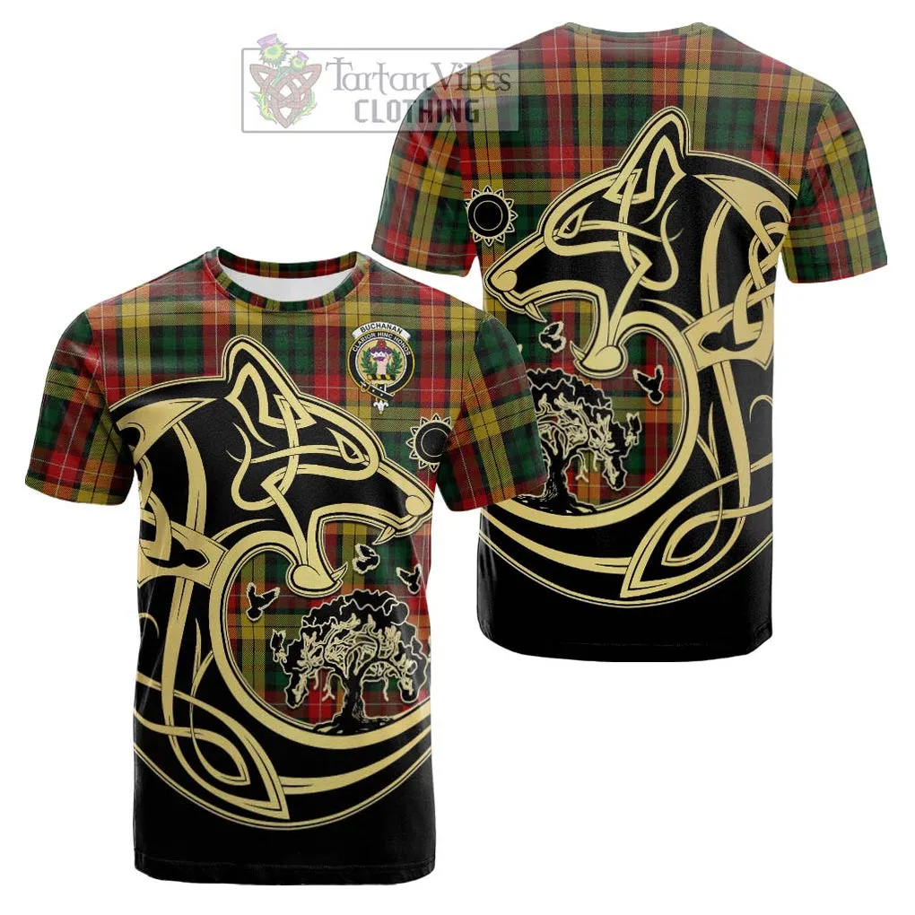 Buchanan Tartan Cotton T-shirt with Family Crest Celtic Wolf Style