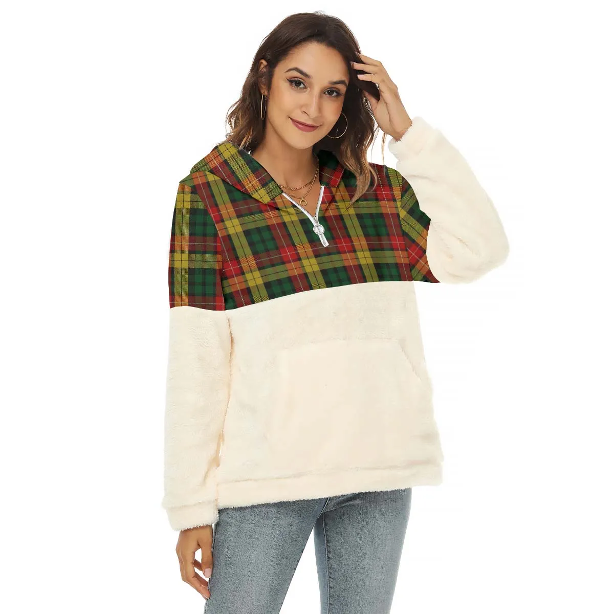 Buchanan Tartan Women's Borg Fleece Hoodie With Half Zip