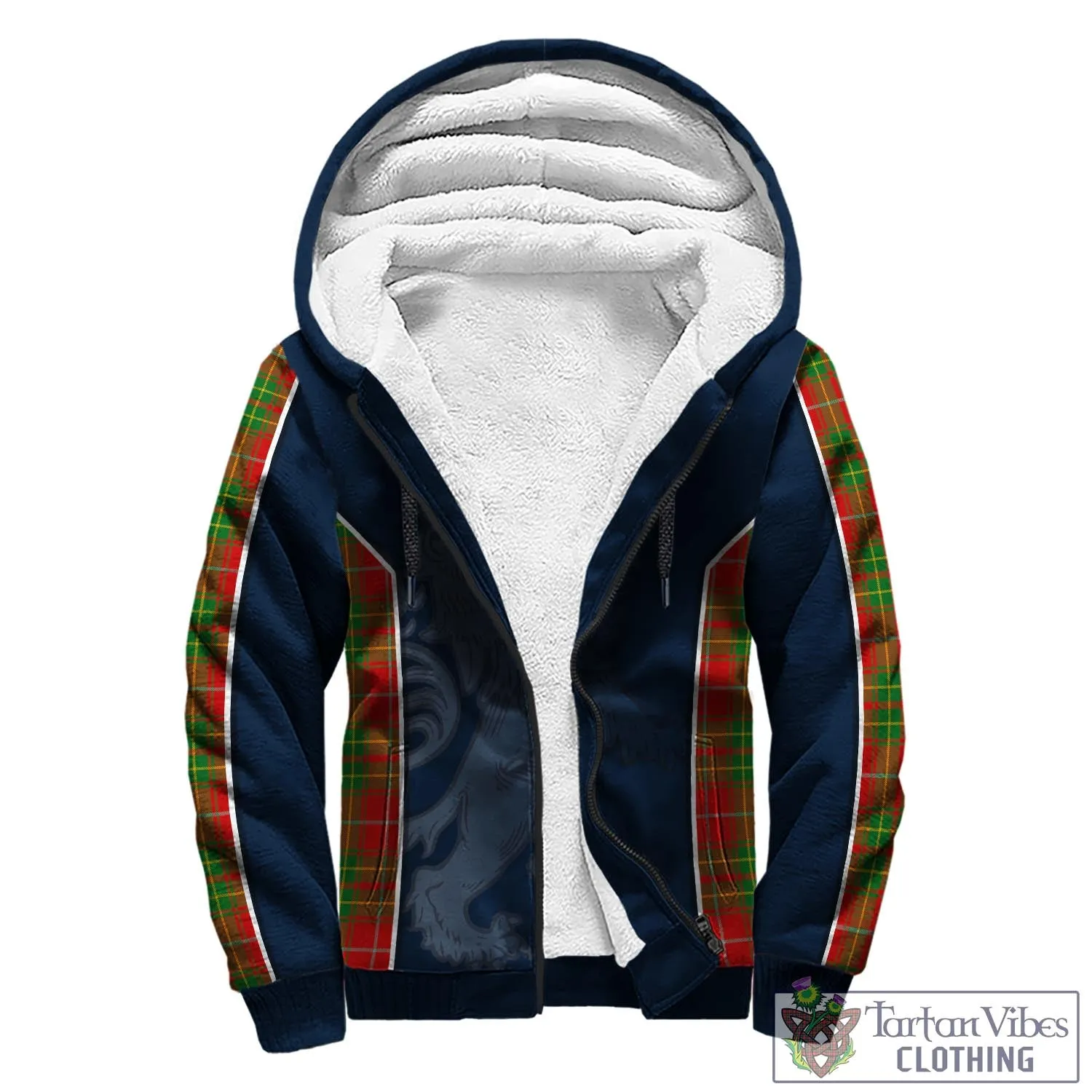 Burnett Tartan Sherpa Hoodie with Family Crest and Lion Rampant Vibes Sport Style