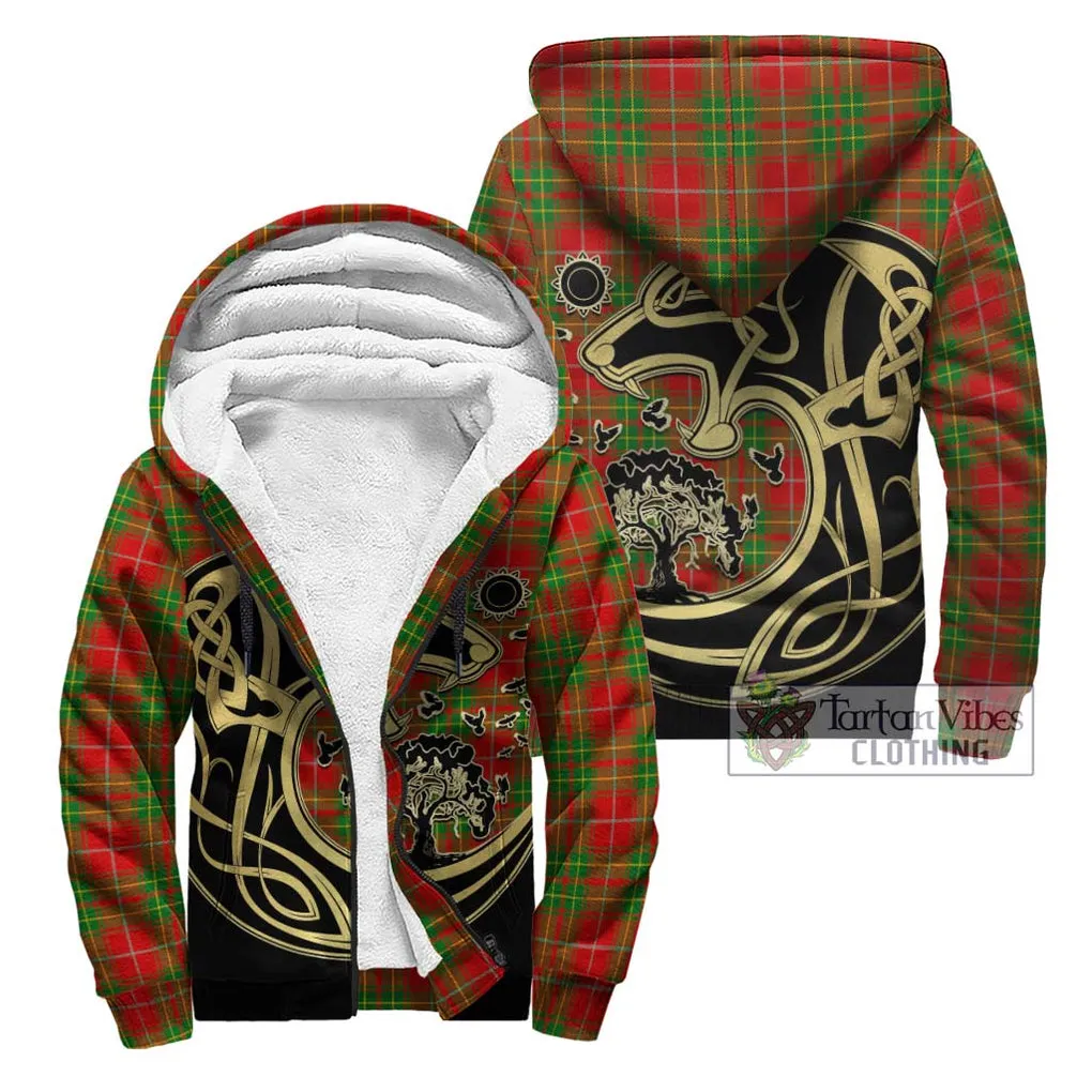 Burnett Tartan Sherpa Hoodie with Family Crest Celtic Wolf Style