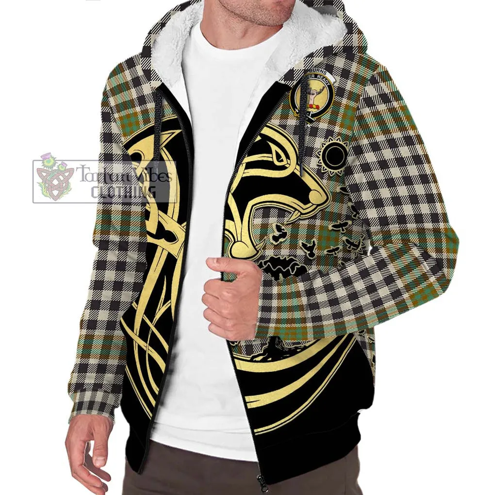 Burns Check Tartan Sherpa Hoodie with Family Crest Celtic Wolf Style