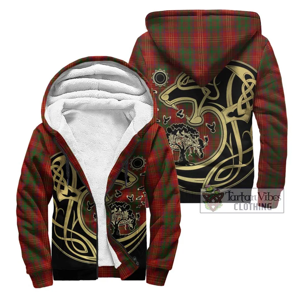 Burns Tartan Sherpa Hoodie with Family Crest Celtic Wolf Style