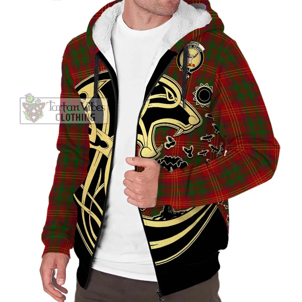 Burns Tartan Sherpa Hoodie with Family Crest Celtic Wolf Style