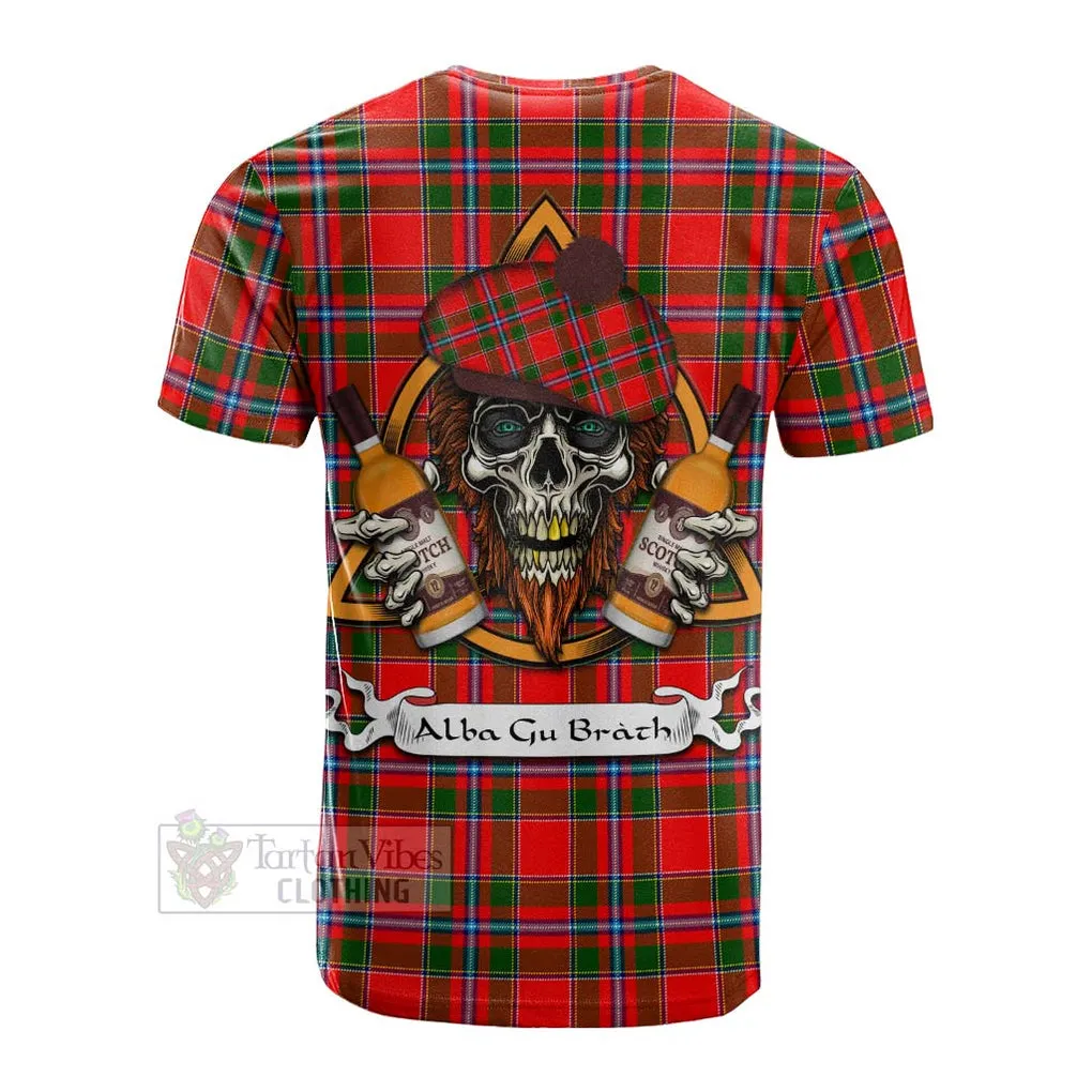 Butter Tartan Cotton T-shirt with Family Crest and Bearded Skull Holding Bottles of Whiskey