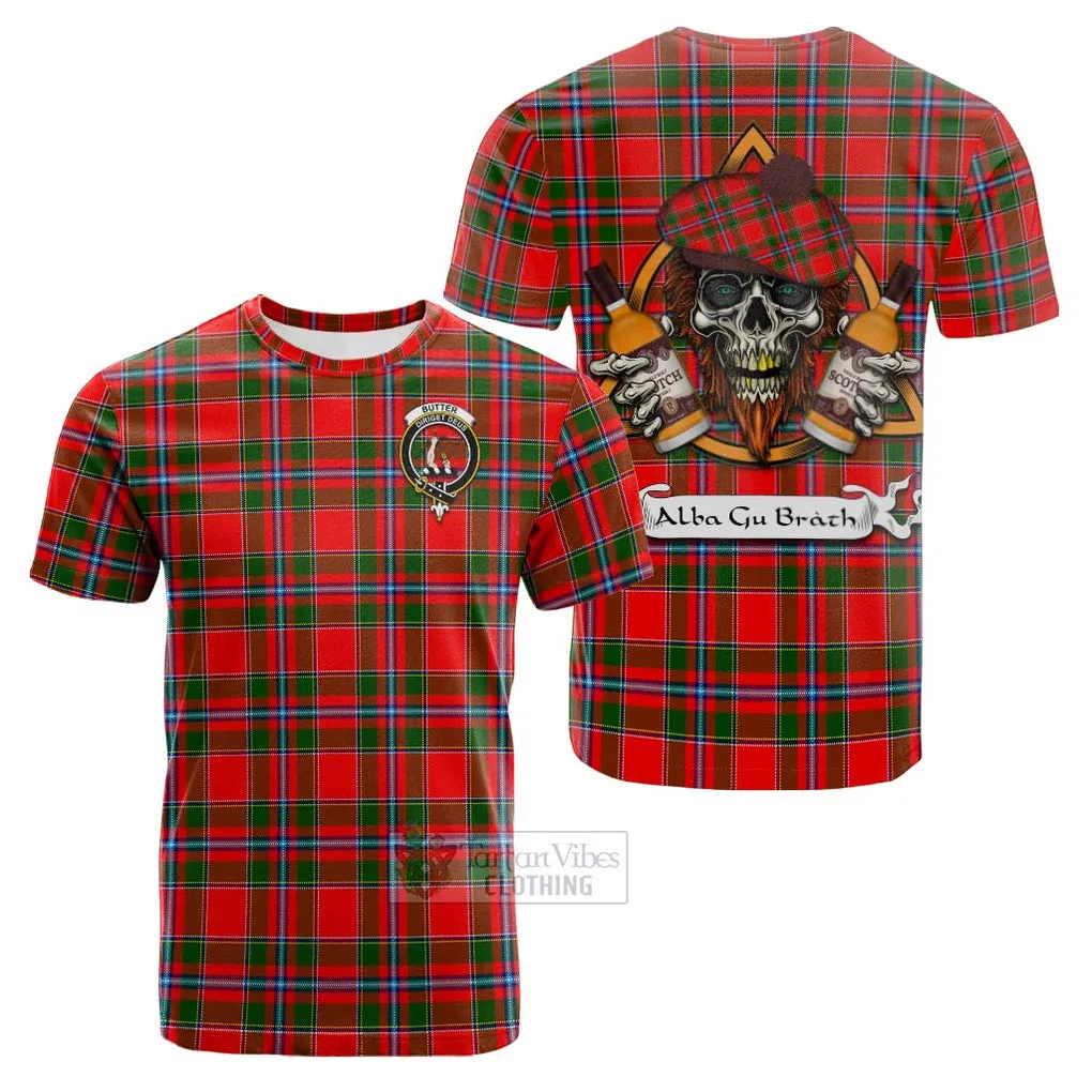 Butter Tartan Cotton T-shirt with Family Crest and Bearded Skull Holding Bottles of Whiskey