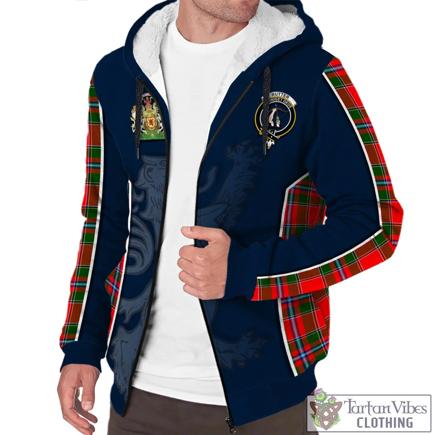 Butter Tartan Sherpa Hoodie with Family Crest and Lion Rampant Vibes Sport Style