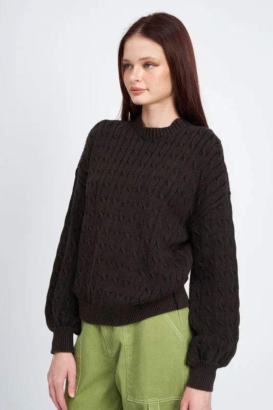 Cable Knit Top With Bubble Sleeves