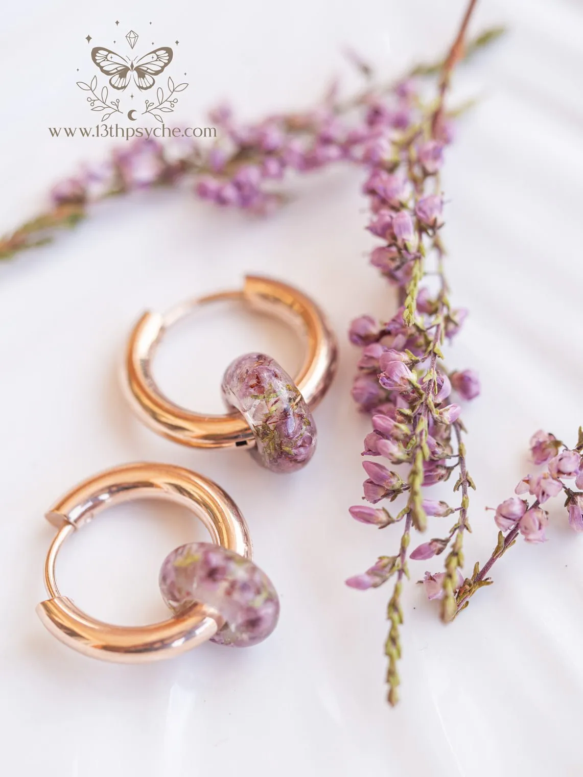 Chunky donut hoops with dried heather flower resin beads