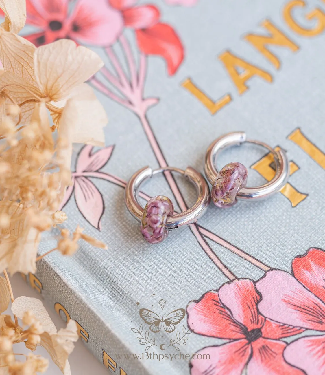 Chunky donut hoops with dried heather flower resin beads