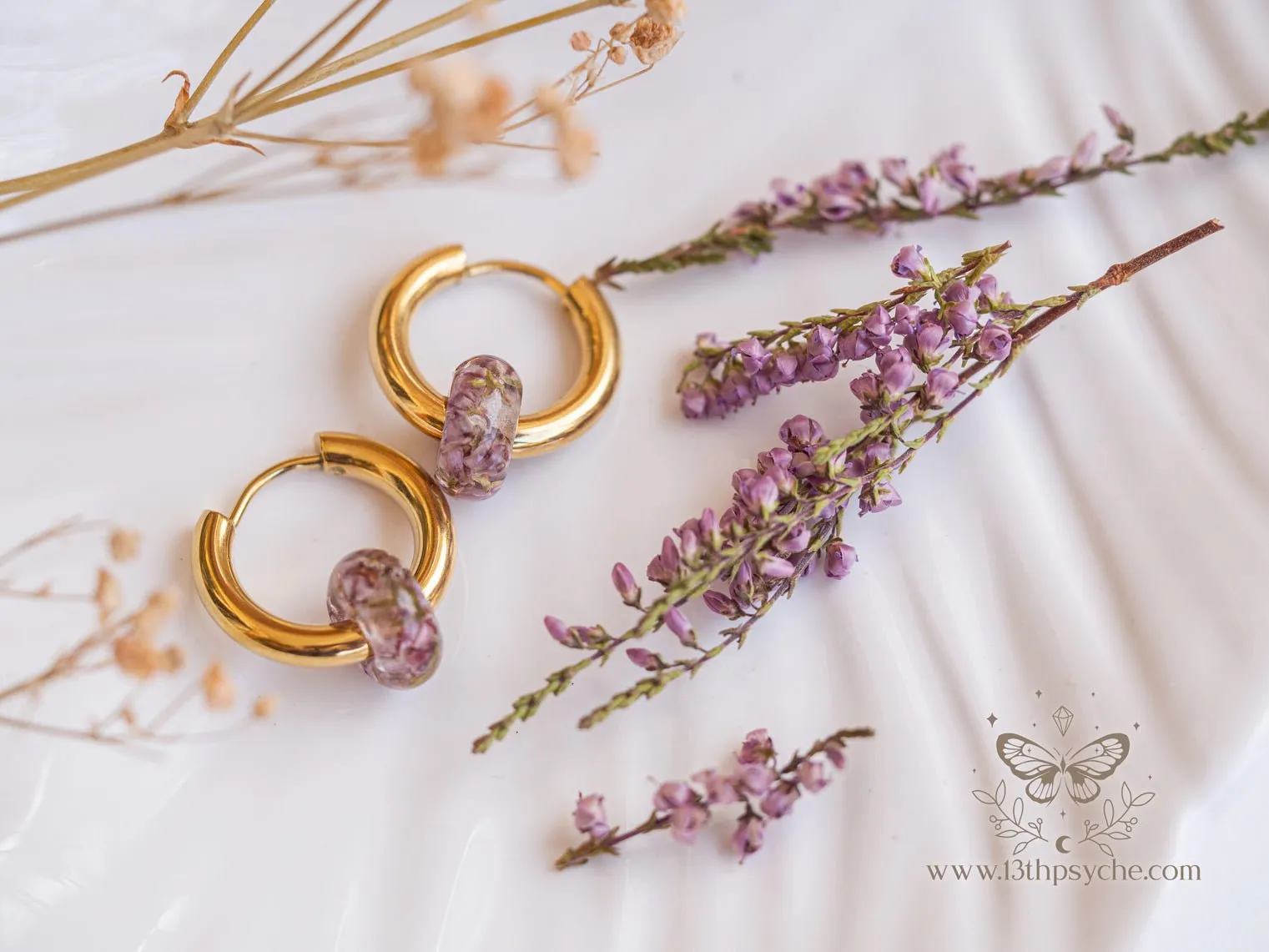 Chunky donut hoops with dried heather flower resin beads