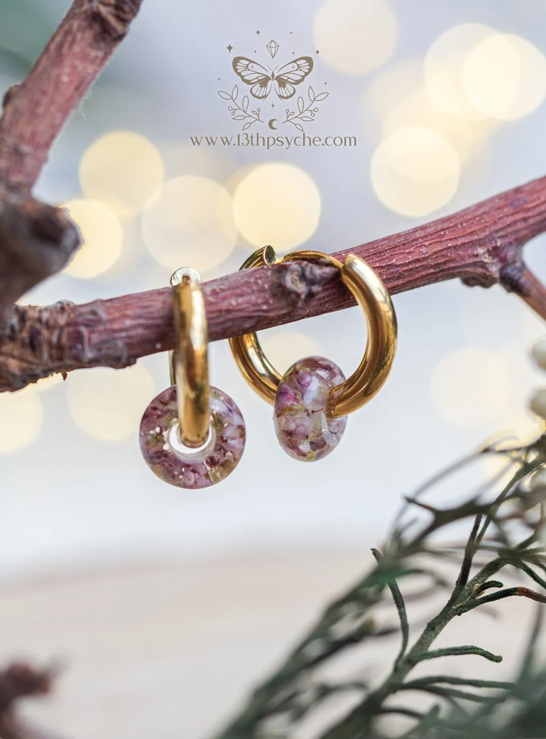 Chunky donut hoops with dried heather flower resin beads