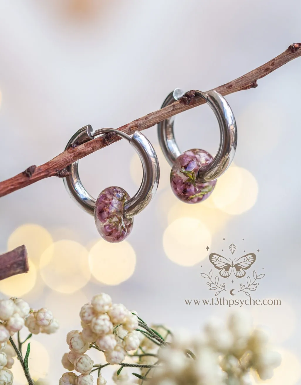 Chunky donut hoops with dried heather flower resin beads