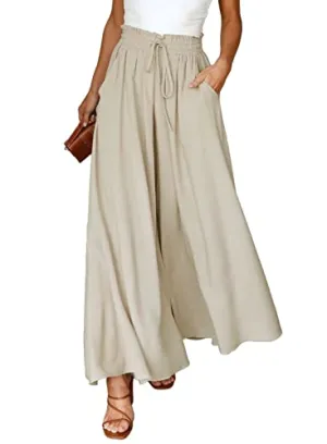 Dokotoo Fashion Womens High Waist Drawstring Wide Leg Long Pants Casual Loose Breathable Lounge Yoga Trousers for Women Ladies Beach Pants with Pockets Beige S