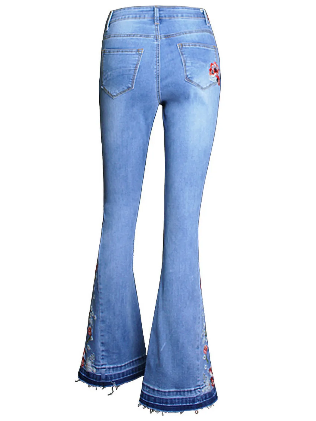 Floral Daisy Embroidered Mid Rise Bell Bottom Flare Frayed Hem Jeans