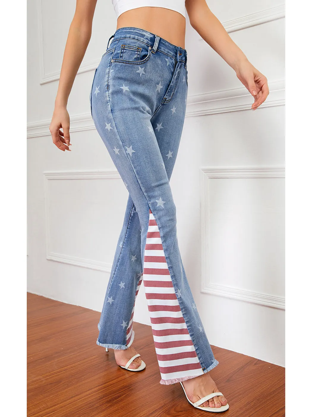 Floral Daisy Embroidered Mid Rise Bell Bottom Flare Frayed Hem Jeans