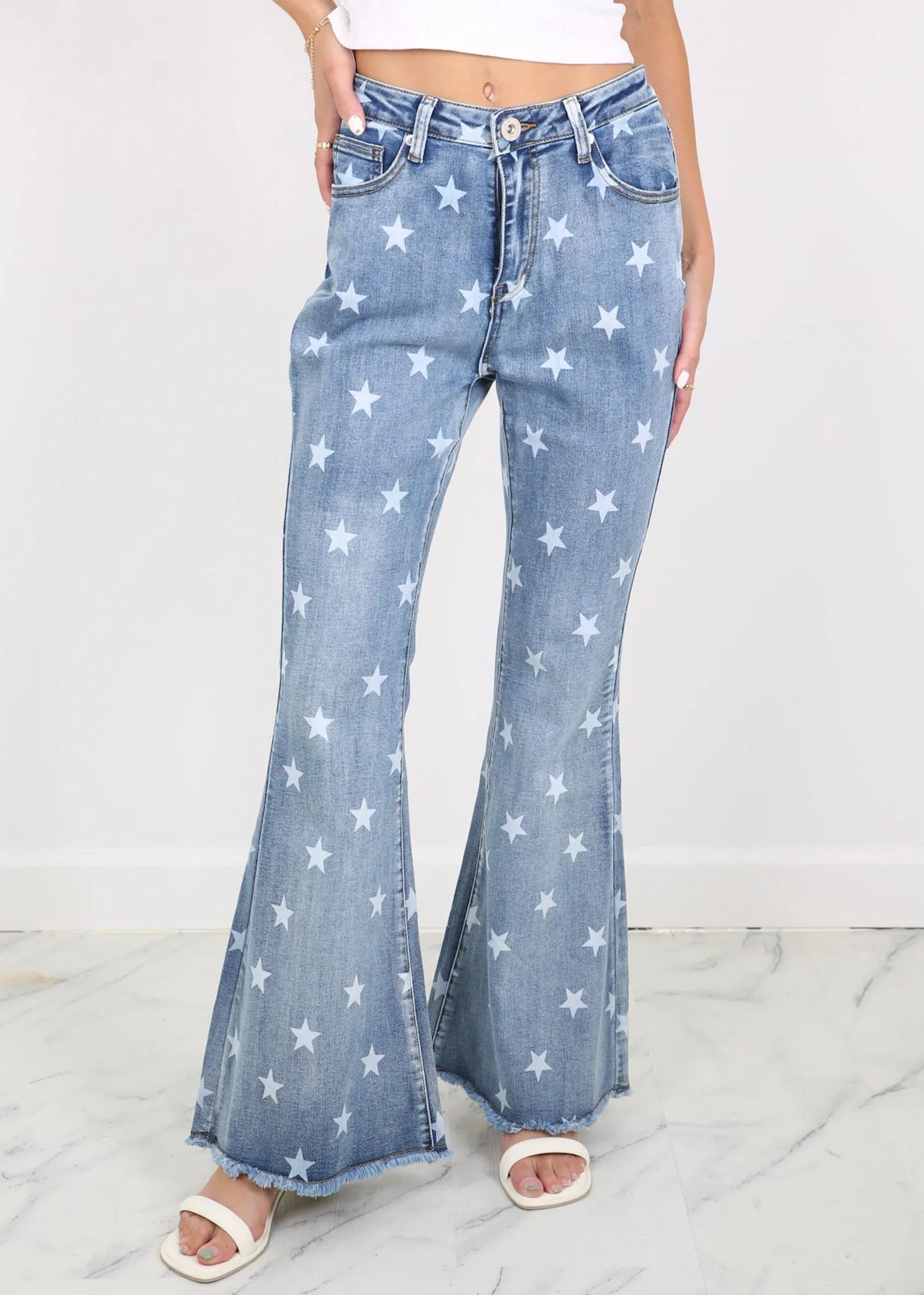 Floral Daisy Embroidered Mid Rise Bell Bottom Flare Frayed Hem Jeans