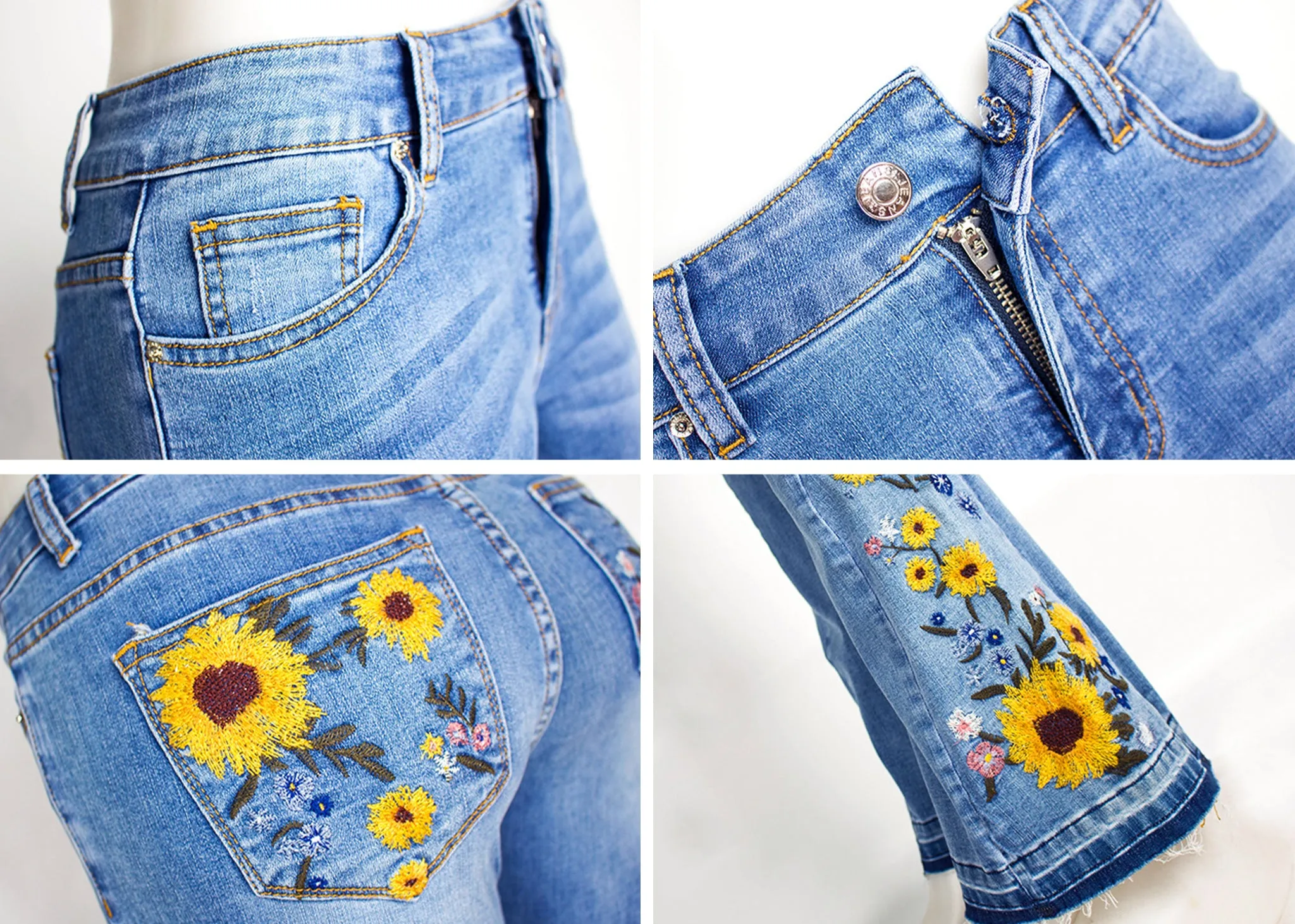 Floral Daisy Embroidered Mid Rise Bell Bottom Flare Frayed Hem Jeans