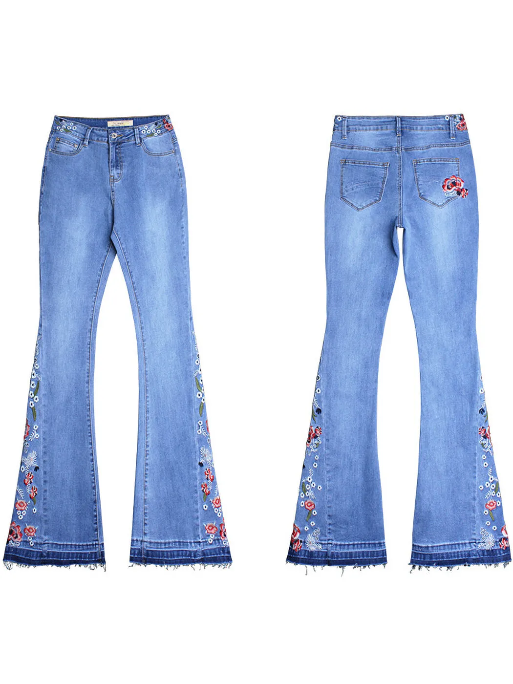 Floral Daisy Embroidered Mid Rise Bell Bottom Flare Frayed Hem Jeans