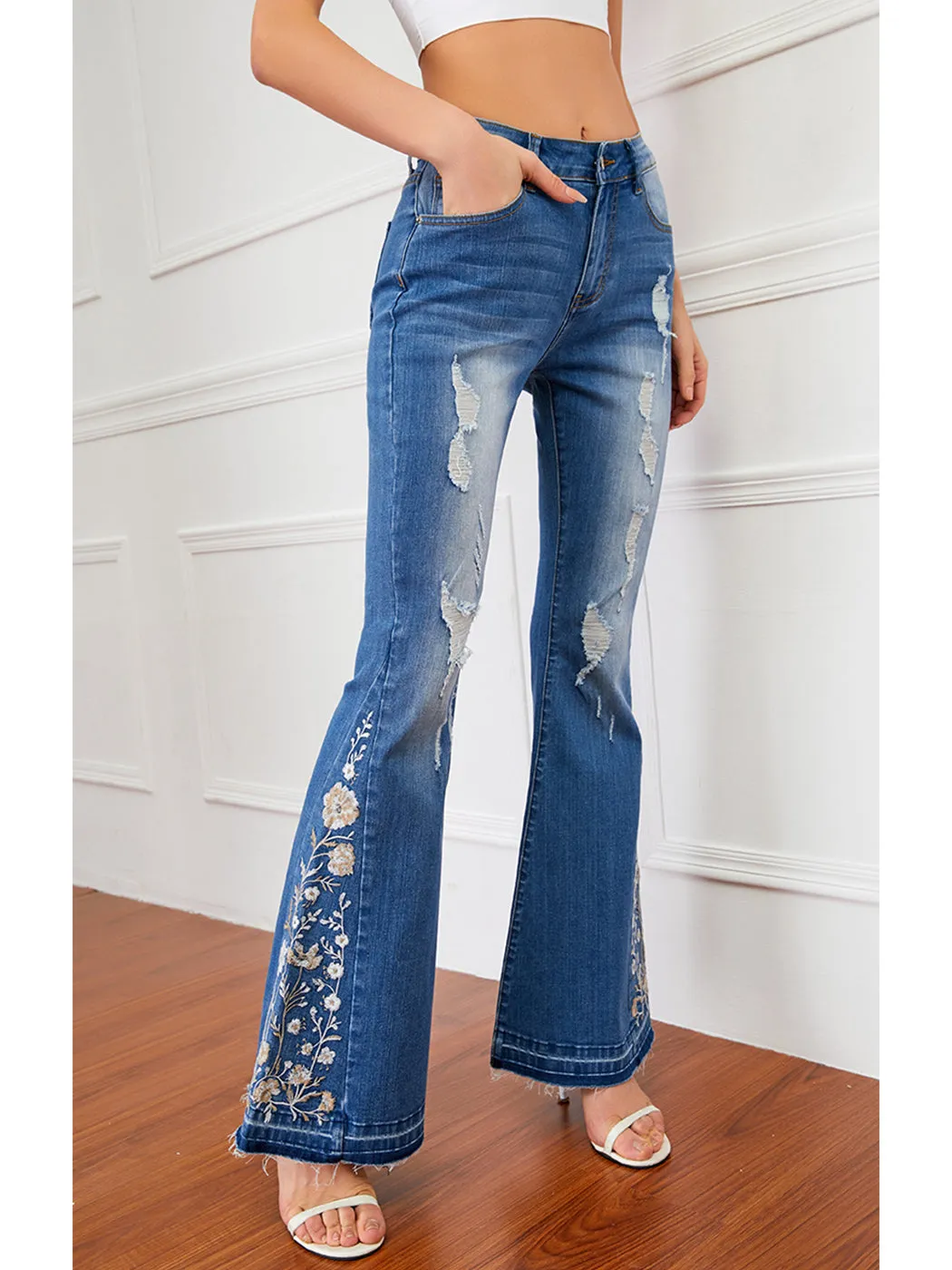 Floral Daisy Embroidered Mid Rise Bell Bottom Flare Frayed Hem Jeans