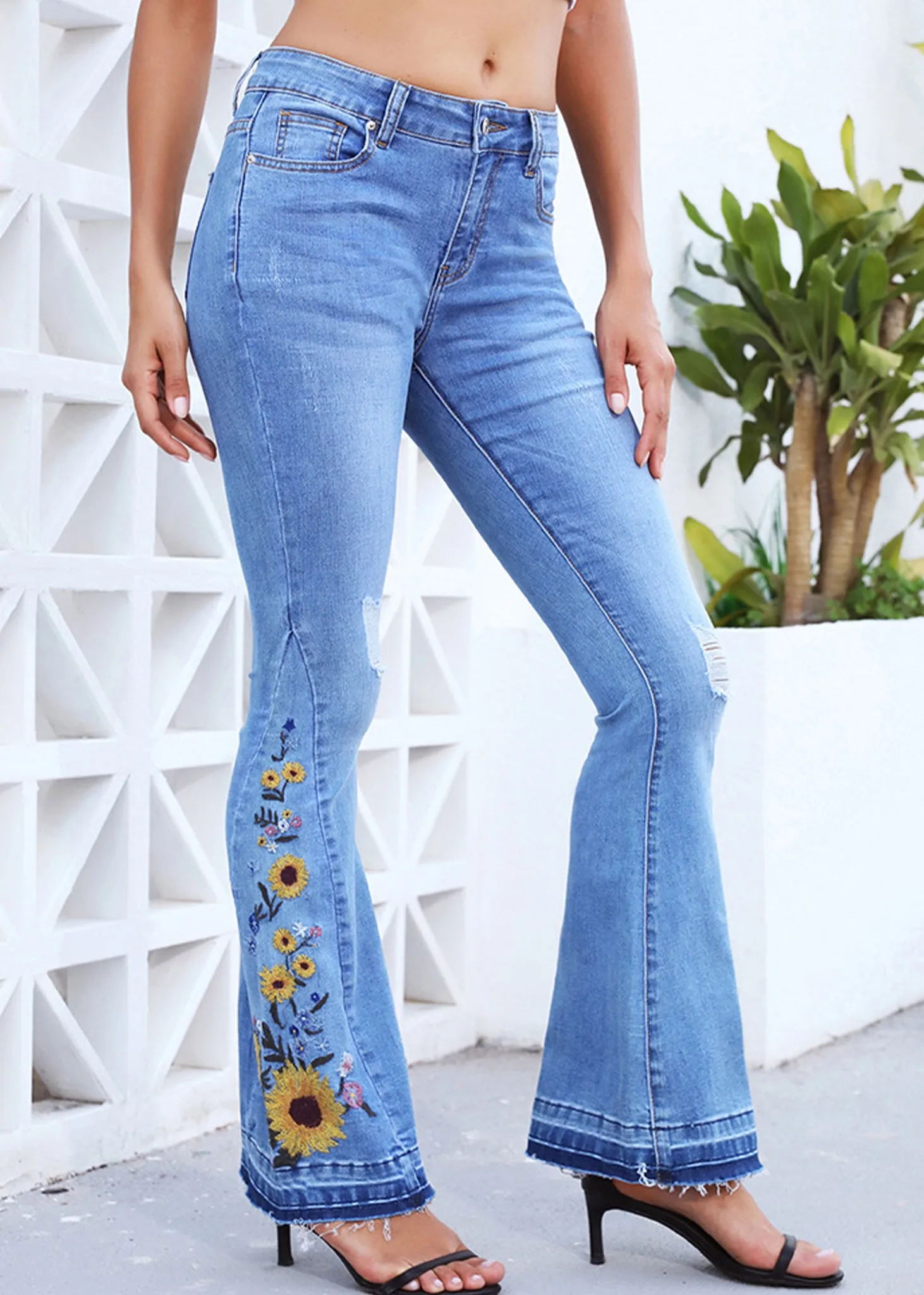 Floral Daisy Embroidered Mid Rise Bell Bottom Flare Frayed Hem Jeans