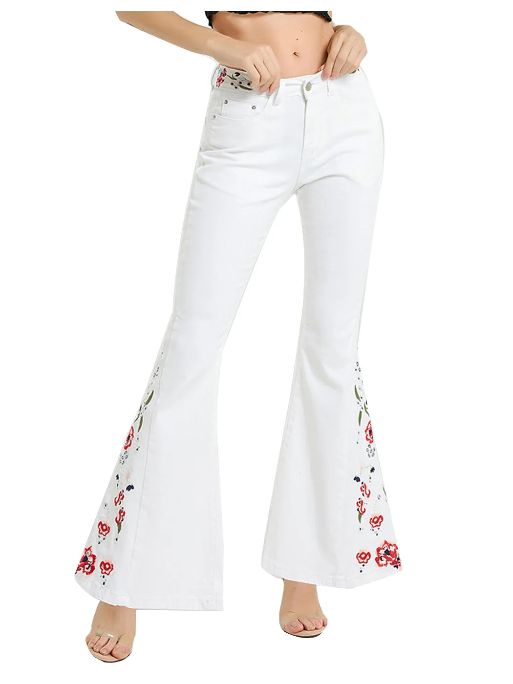 Floral Daisy Embroidered Mid Rise Bell Bottom Flare Frayed Hem Jeans