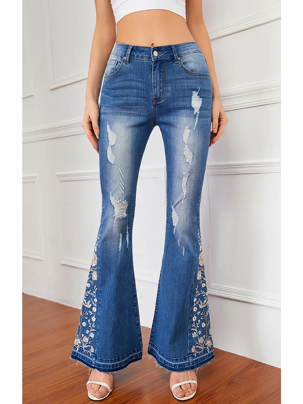 Floral Daisy Embroidered Mid Rise Bell Bottom Flare Frayed Hem Jeans