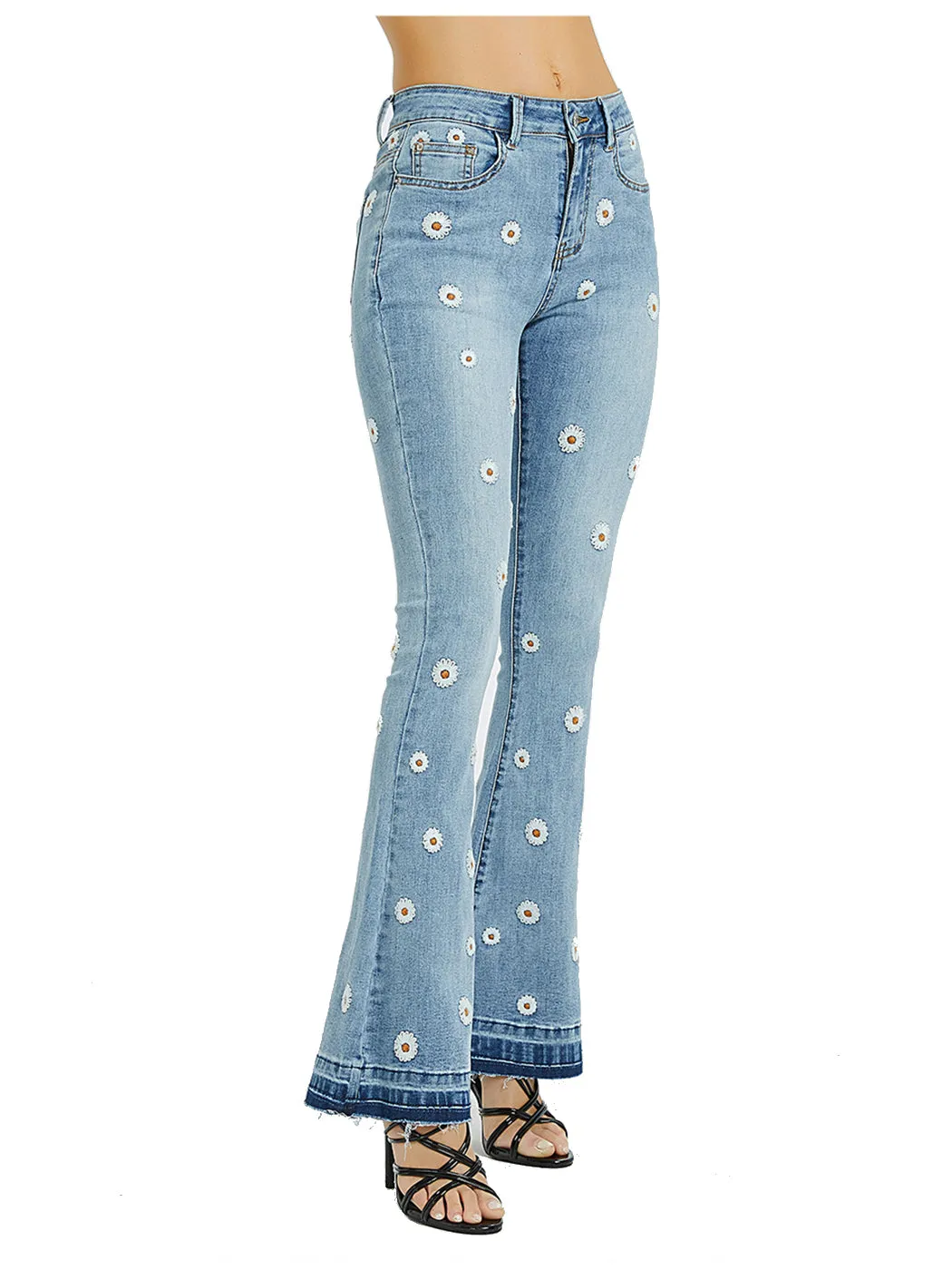 Floral Daisy Embroidered Mid Rise Bell Bottom Flare Frayed Hem Jeans