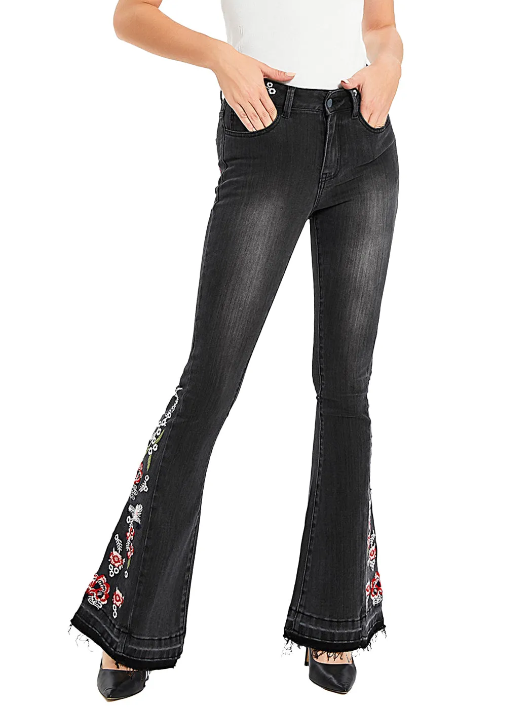 Floral Daisy Embroidered Mid Rise Bell Bottom Flare Frayed Hem Jeans