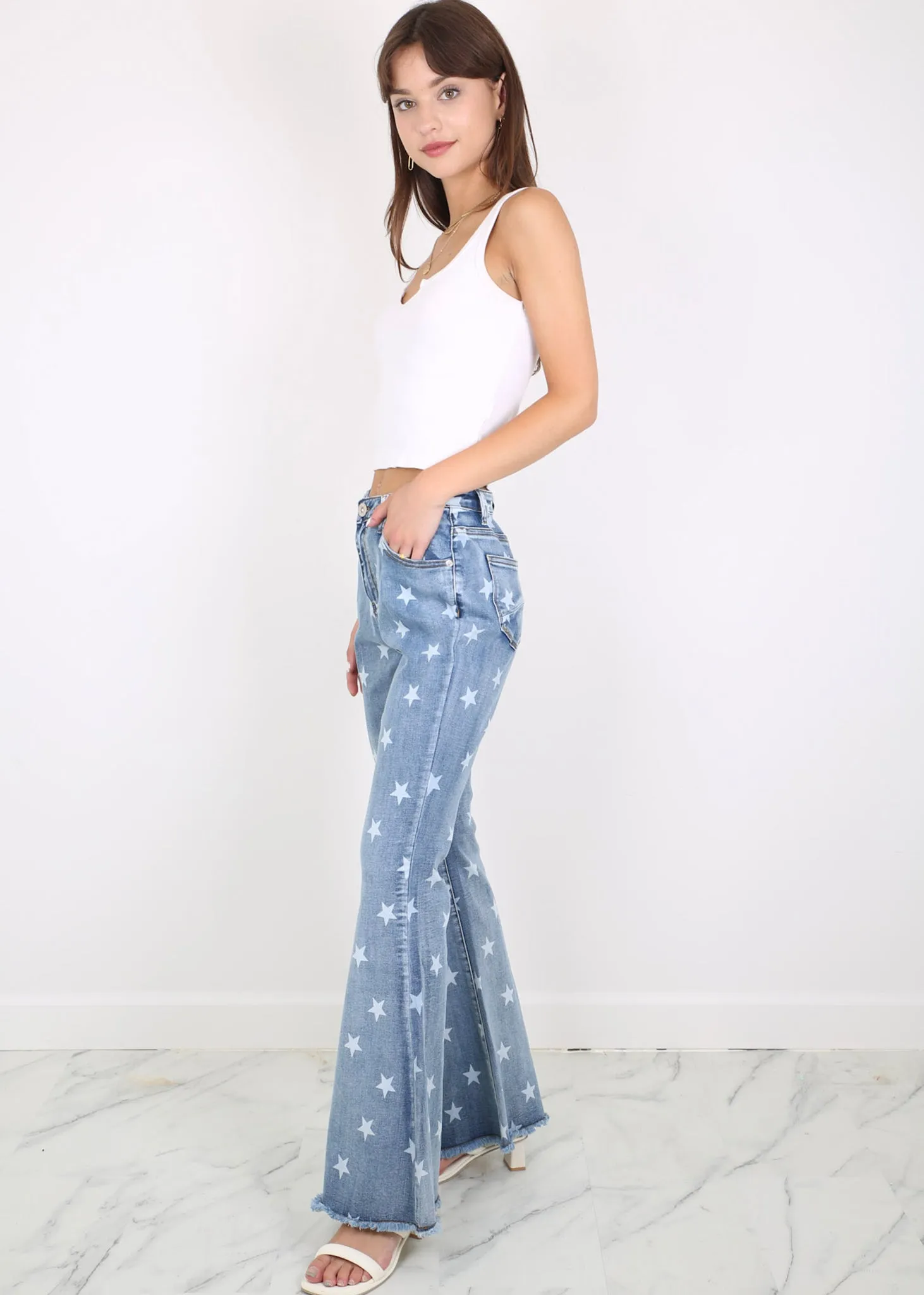 Floral Daisy Embroidered Mid Rise Bell Bottom Flare Frayed Hem Jeans