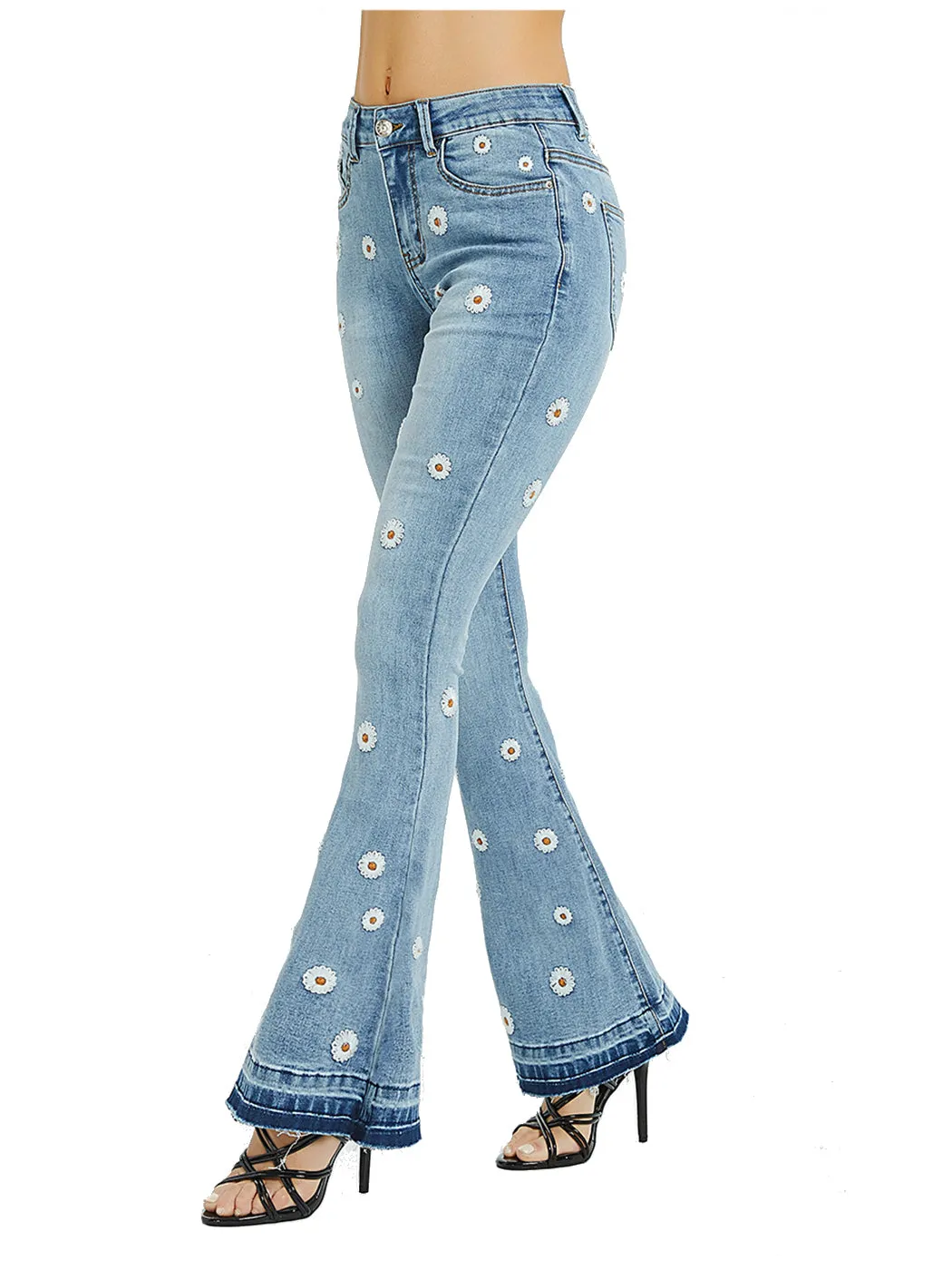 Floral Daisy Embroidered Mid Rise Bell Bottom Flare Frayed Hem Jeans