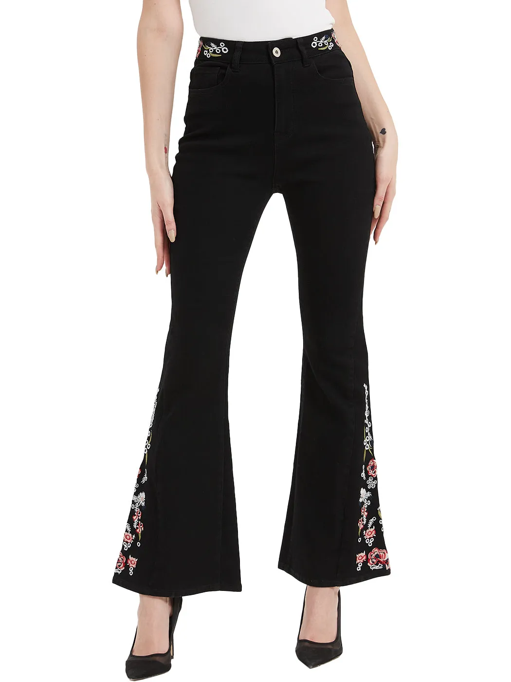 Floral Daisy Embroidered Mid Rise Bell Bottom Flare Frayed Hem Jeans