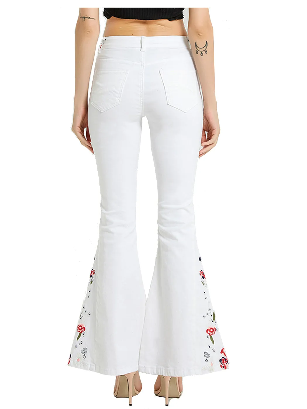 Floral Daisy Embroidered Mid Rise Bell Bottom Flare Frayed Hem Jeans