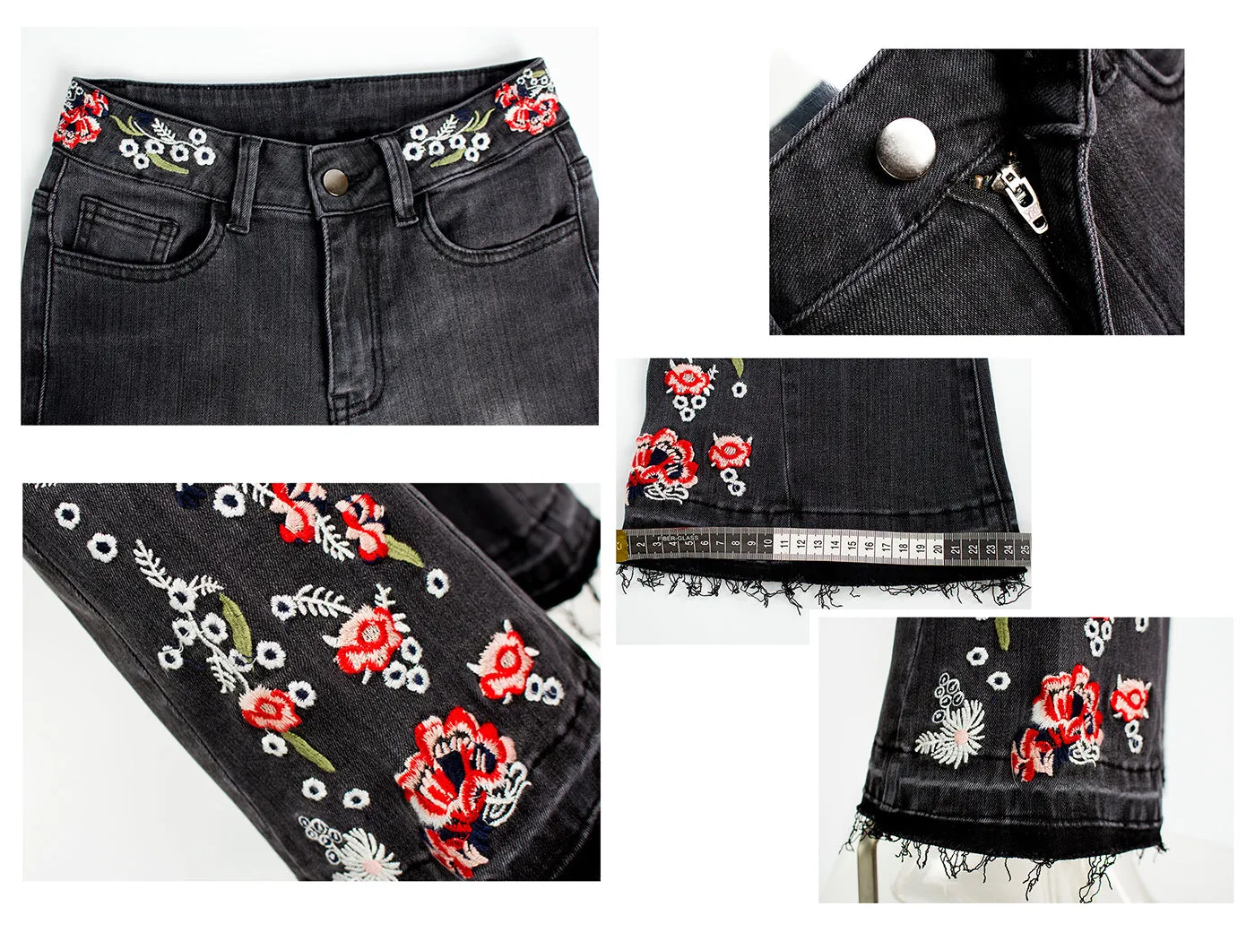 Floral Daisy Embroidered Mid Rise Bell Bottom Flare Frayed Hem Jeans