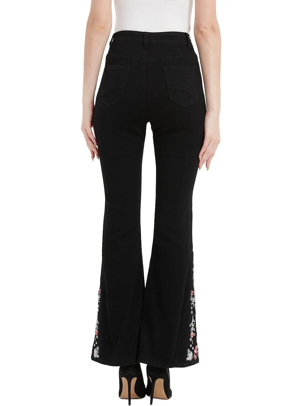 Floral Daisy Embroidered Mid Rise Bell Bottom Flare Frayed Hem Jeans