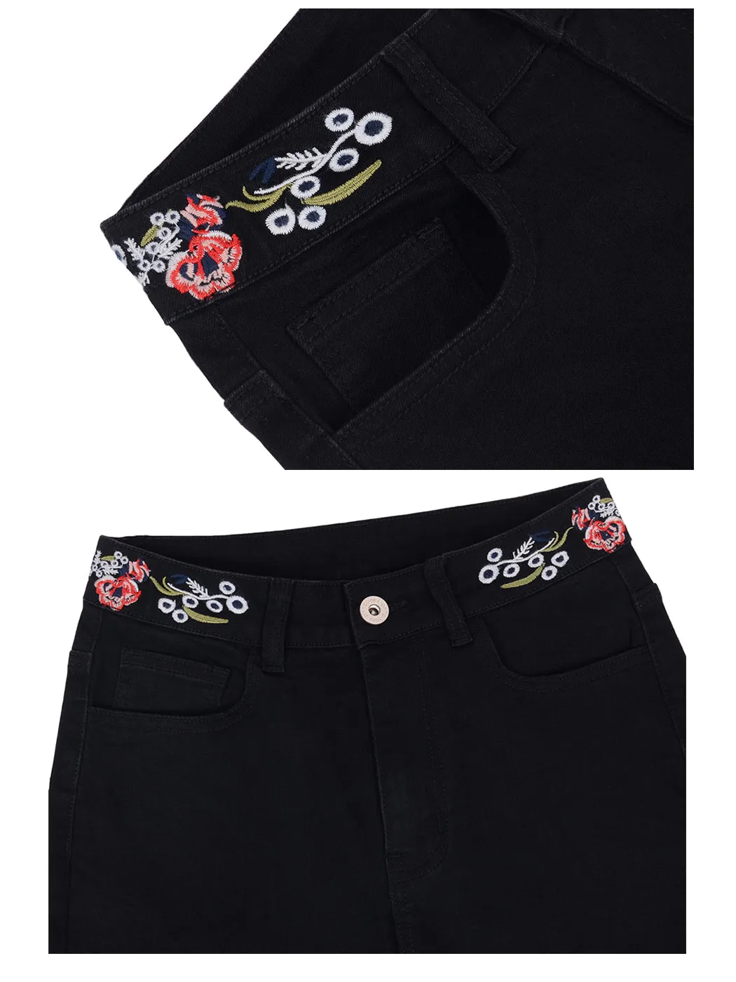 Floral Daisy Embroidered Mid Rise Bell Bottom Flare Frayed Hem Jeans