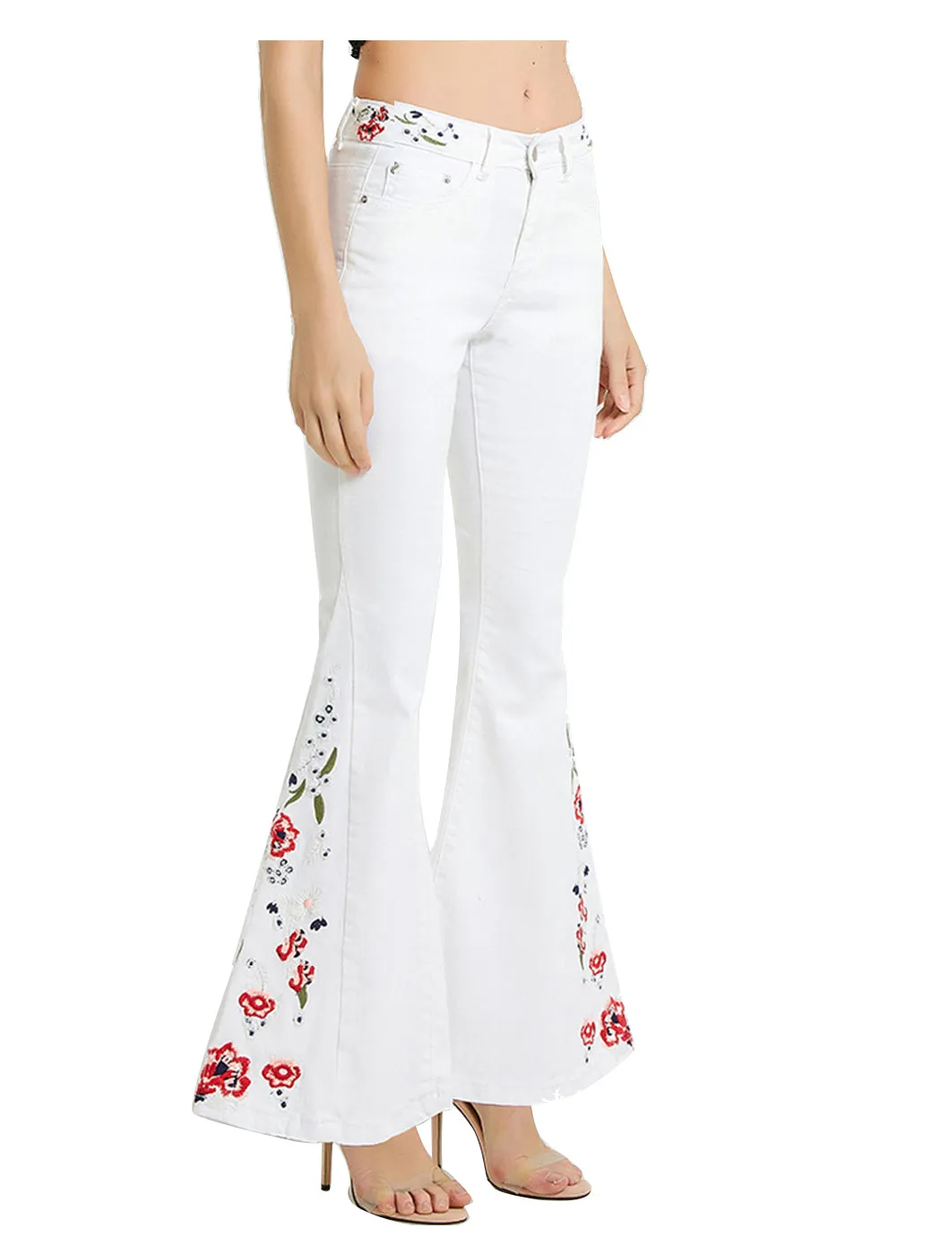 Floral Daisy Embroidered Mid Rise Bell Bottom Flare Frayed Hem Jeans