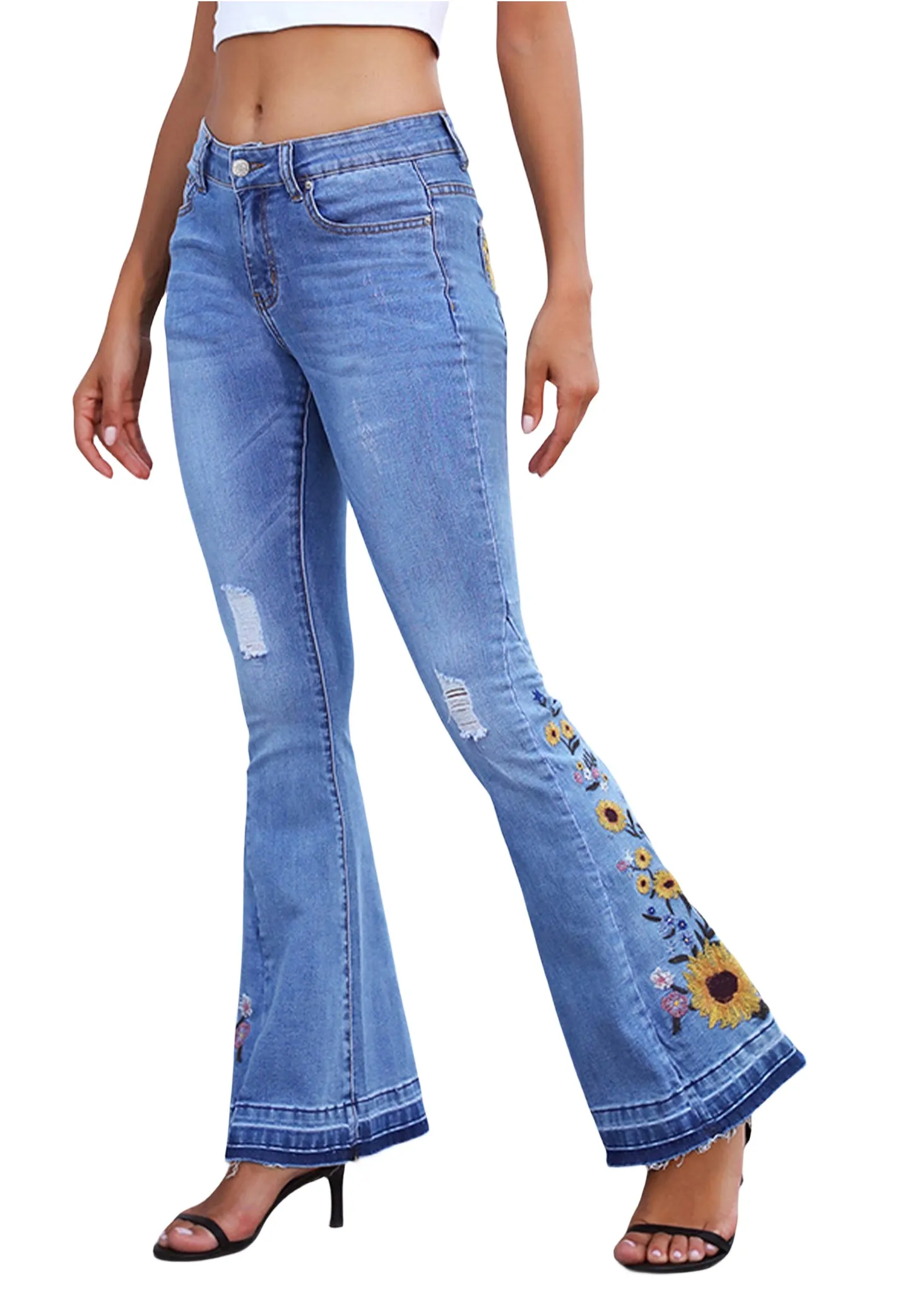 Floral Daisy Embroidered Mid Rise Bell Bottom Flare Frayed Hem Jeans