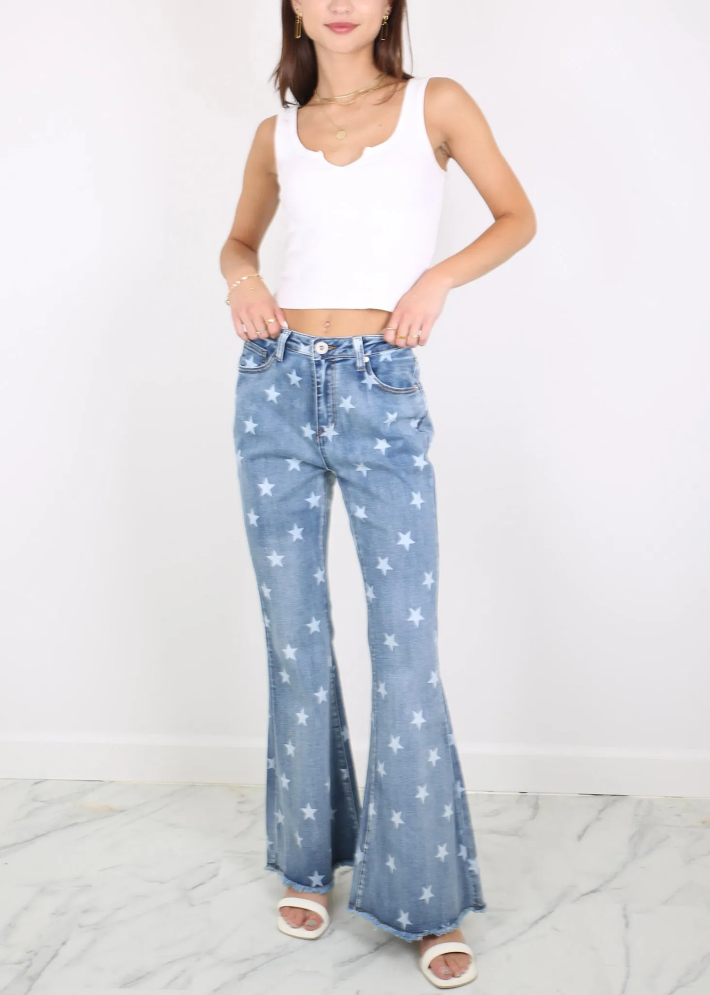 Floral Daisy Embroidered Mid Rise Bell Bottom Flare Frayed Hem Jeans