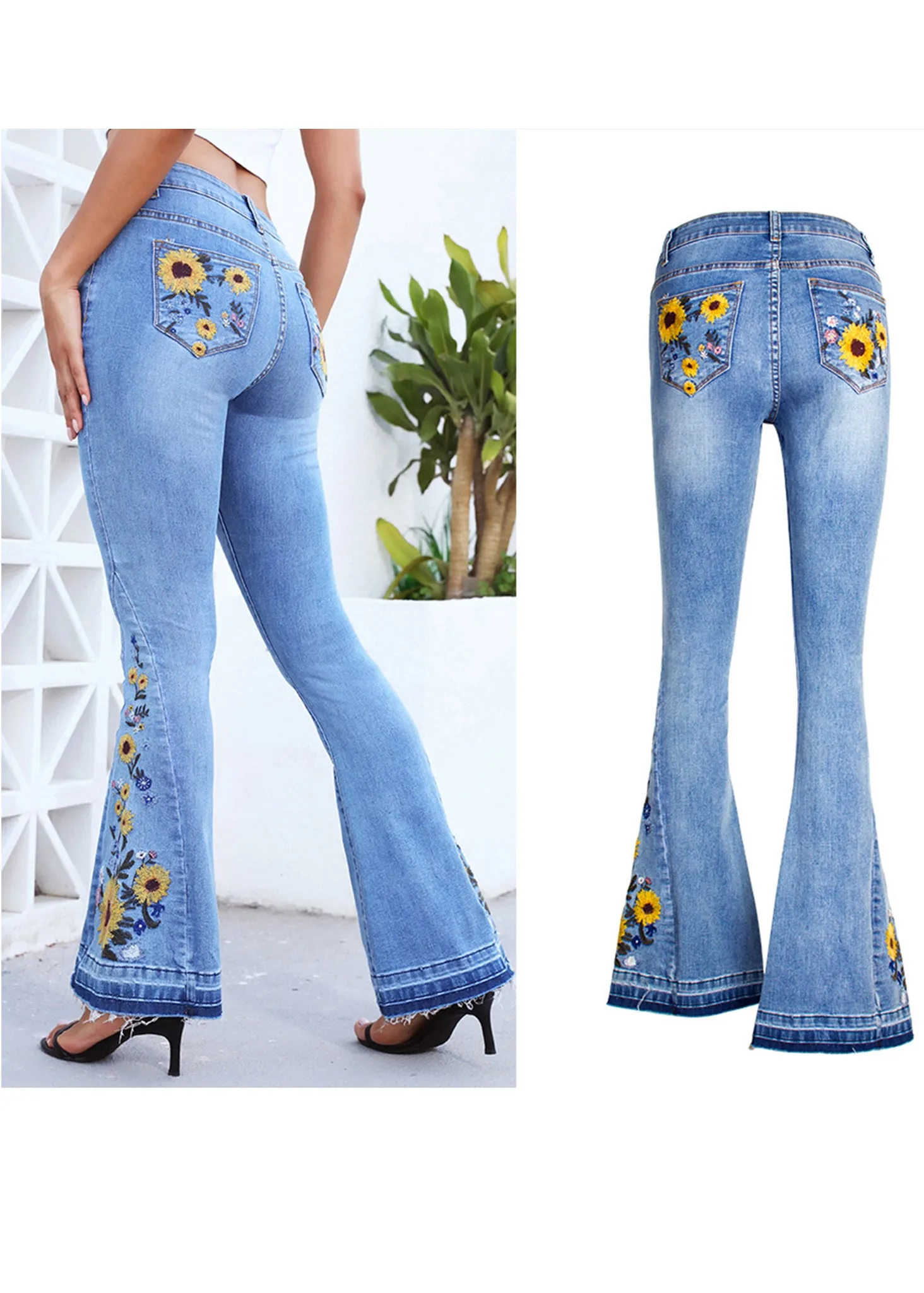 Floral Daisy Embroidered Mid Rise Bell Bottom Flare Frayed Hem Jeans