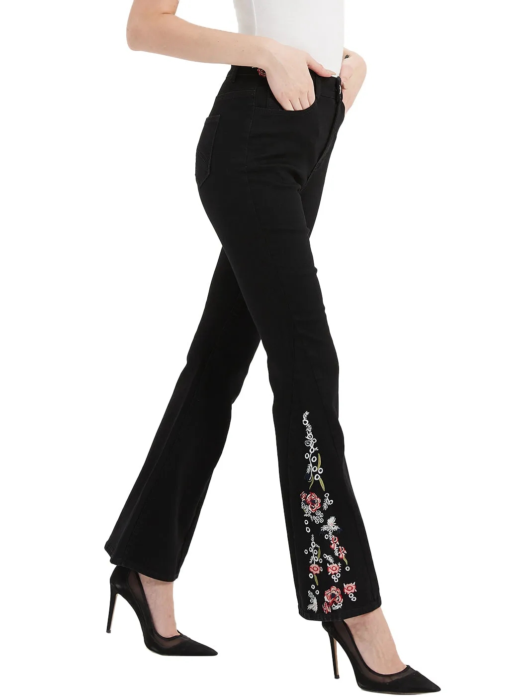 Floral Daisy Embroidered Mid Rise Bell Bottom Flare Frayed Hem Jeans