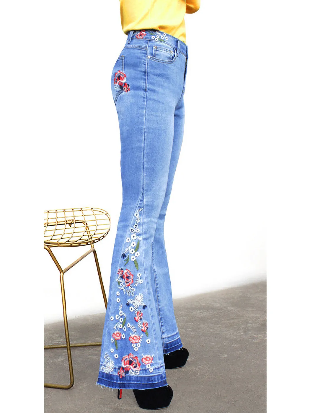 Floral Daisy Embroidered Mid Rise Bell Bottom Flare Frayed Hem Jeans