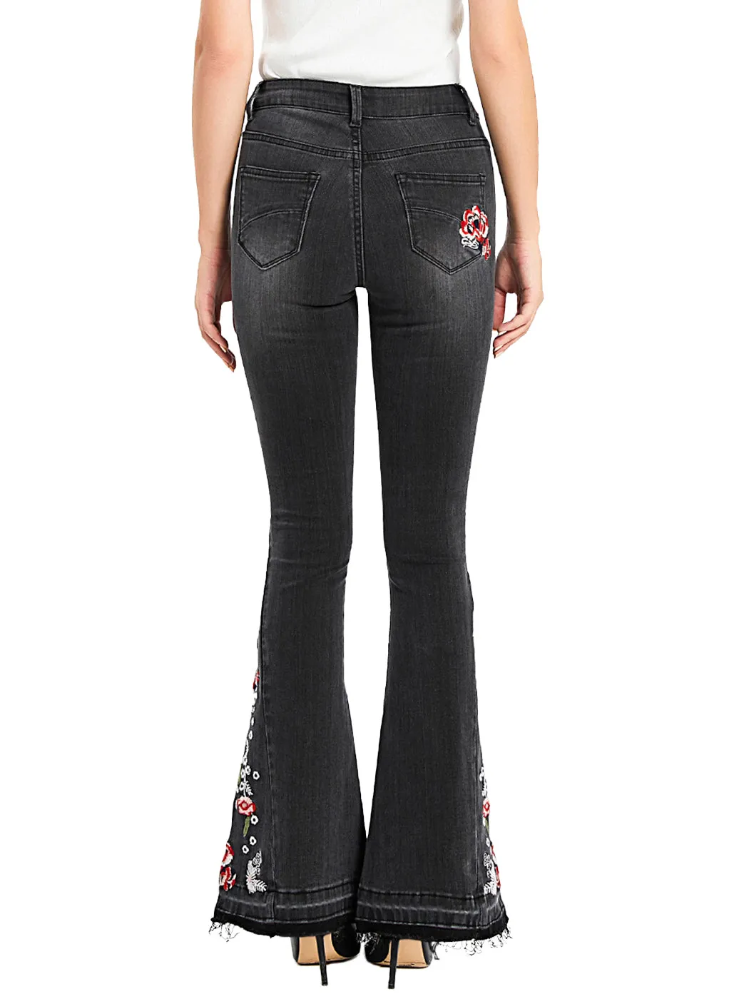 Floral Daisy Embroidered Mid Rise Bell Bottom Flare Frayed Hem Jeans