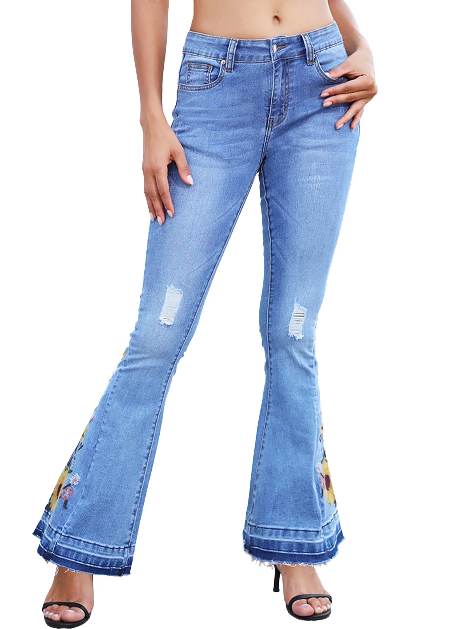 Floral Daisy Embroidered Mid Rise Bell Bottom Flare Frayed Hem Jeans