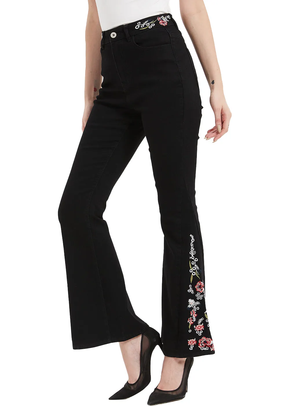 Floral Daisy Embroidered Mid Rise Bell Bottom Flare Frayed Hem Jeans