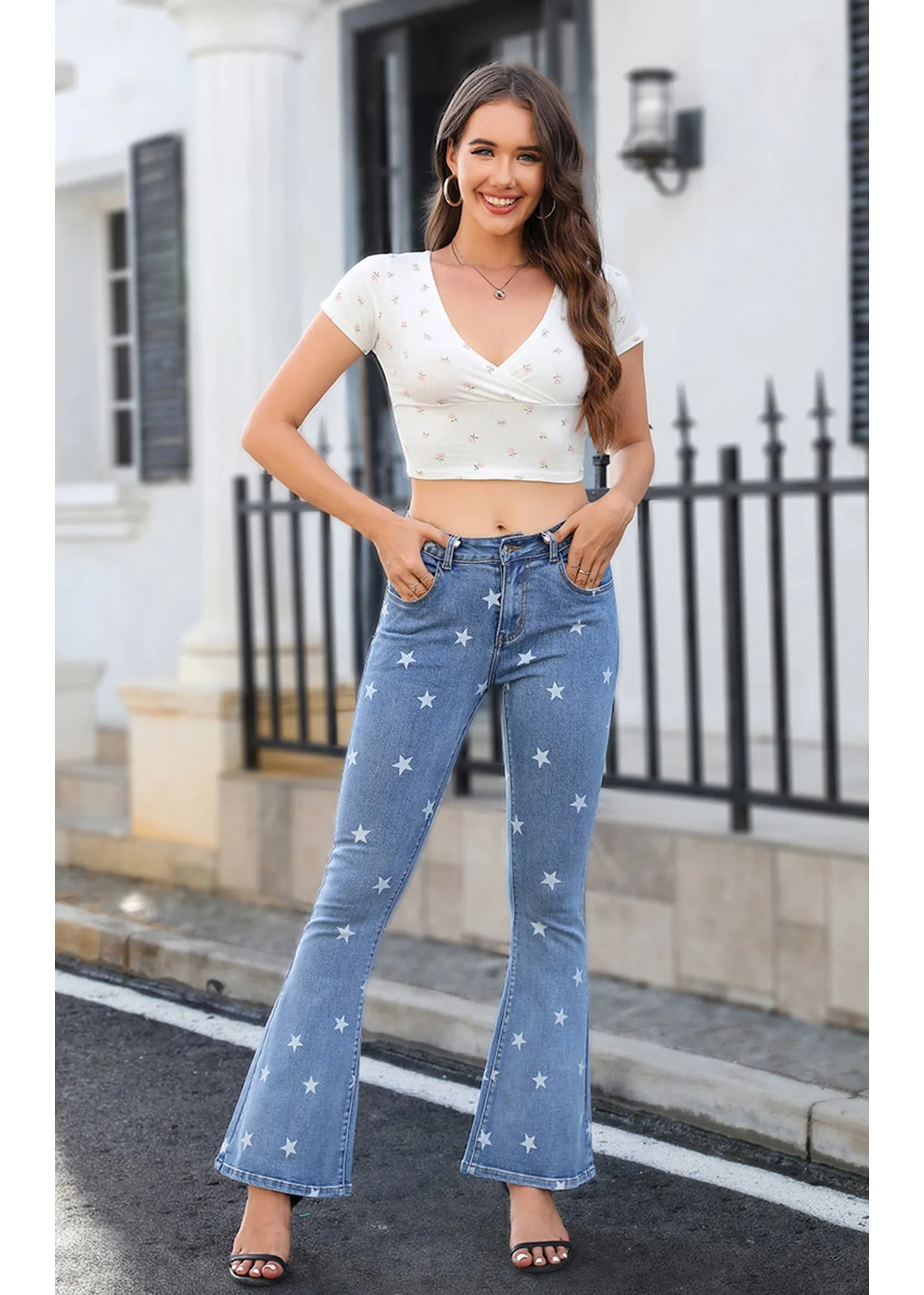 Floral Daisy Embroidered Mid Rise Bell Bottom Flare Frayed Hem Jeans