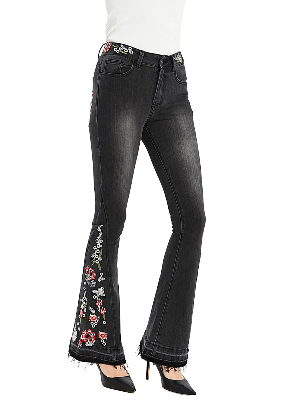 Floral Daisy Embroidered Mid Rise Bell Bottom Flare Frayed Hem Jeans