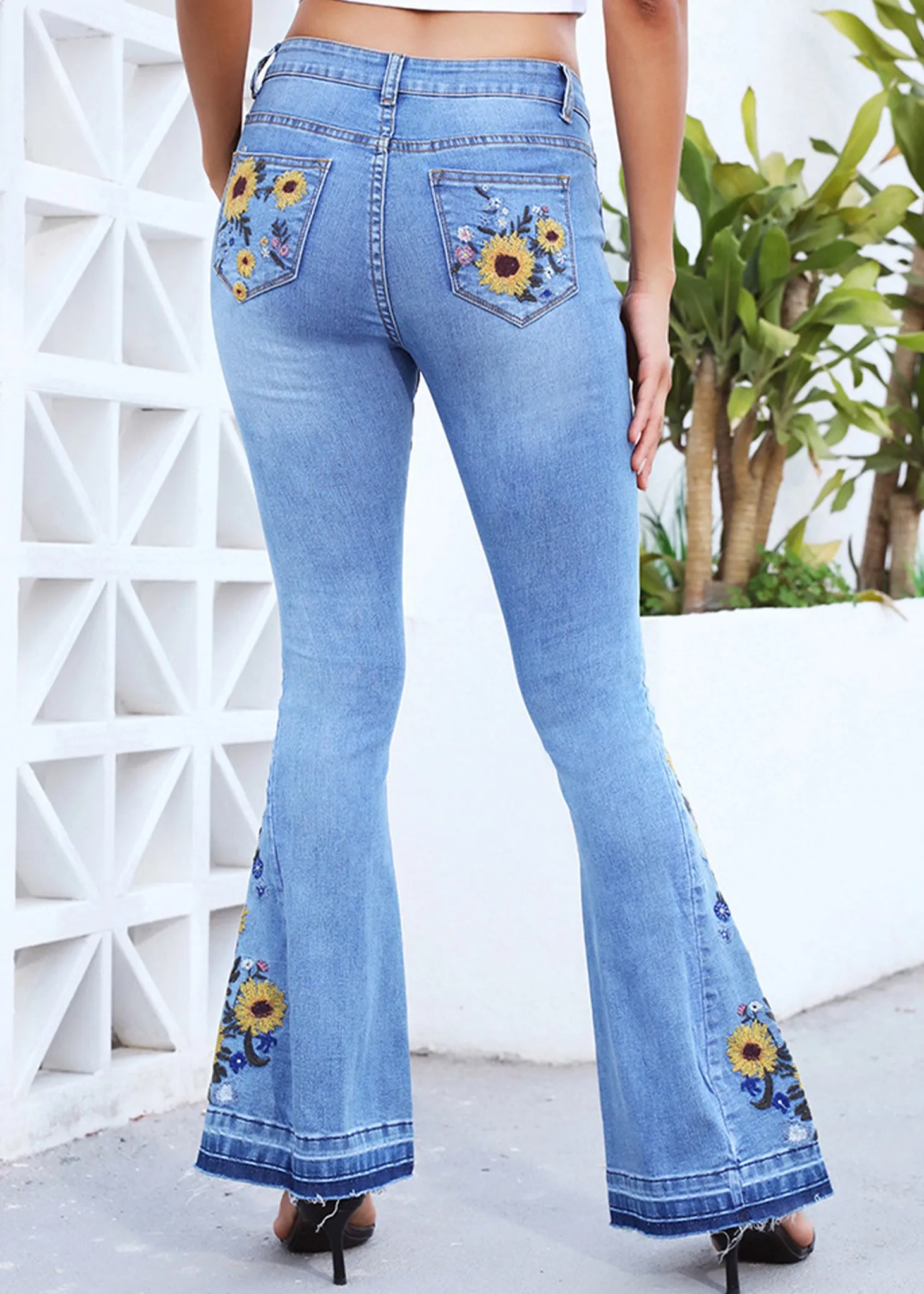 Floral Daisy Embroidered Mid Rise Bell Bottom Flare Frayed Hem Jeans