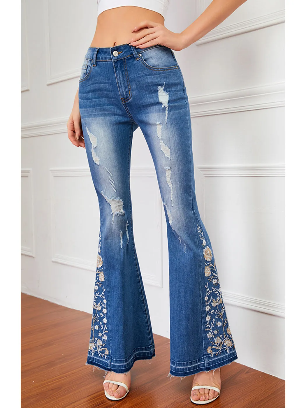 Floral Daisy Embroidered Mid Rise Bell Bottom Flare Frayed Hem Jeans